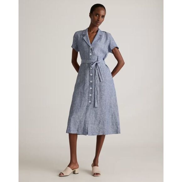 Quince Blue Striped Button-Down Dress EUC - Picture 1 of 3
